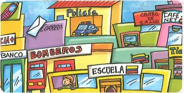 Ilustración de varios servicios públicos de una localidad: correos, Policía, centro de salud, banco, bomberos, escuela y otros establecimientos.