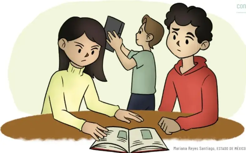 Ilustración de tres estudiantes de primaria trabajando en equipo alrededor de una mesa: una niña con sueter amarillo escribe en un cuaderno abierto, un niño con camiseta verde sostiene un libro y otro niño con sudadera roja observa. Al pie se lee 'Mariana Reyes Santiago, ESTADO DE MÉXICO'.