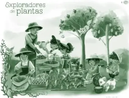 Miniatura del recurso 'Exploradores de plantas': ilustración en verdes de una huerta o jardín con una persona adulta y niñas y niños regando, plantando y observando plantas y árboles.