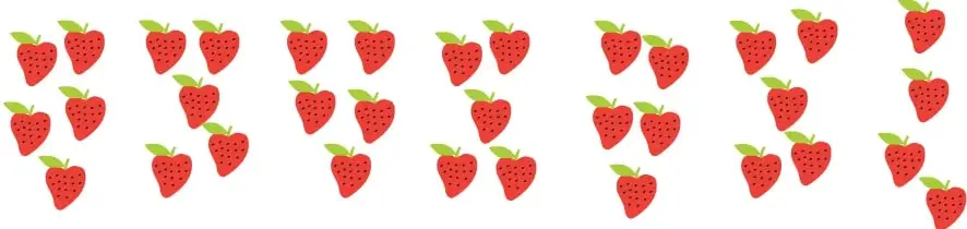 Colección de frutillas (fresas) dibujadas en varias filas y grupos; al contarlas y agruparlas de 10 en 10 resultan 3 decenas y 4 unidades.