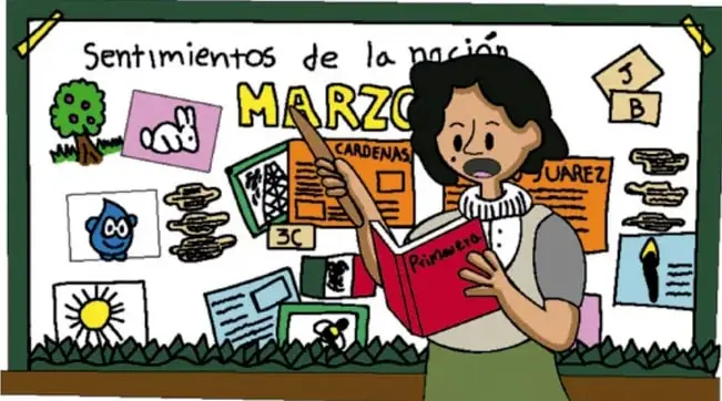 Ilustración de una maestra con bata verde sosteniendo un libro rojo frente a un mural escolar con el título 'Sentimientos de la marcha MARZO', con dibujos, recortes y carteles (Cardenas, Juárez, 3.º B, 3.º C) y firmas de los estudiantes. Crédito de ilustración: Luis Armando Hurona Agbayu.