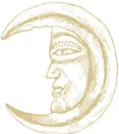 Dibujo decorativo de una media luna con rostro perfilado.