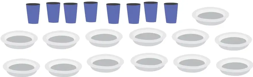 8 vasos azules en una fila y, a su derecha, un plato; debajo, dos filas de 6 platos blancos cada una (13 platos en total).