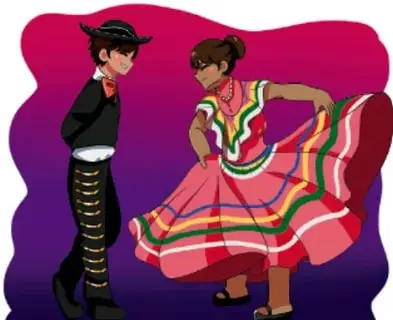 Ilustración de una pareja bailando el jarabe tapatío, el hombre con traje charro y la mujer con vestido folclórico de colores.