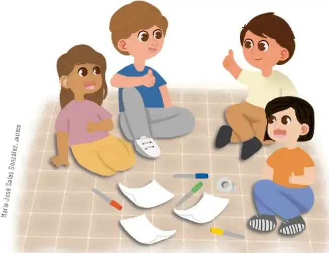 Ilustración de cuatro estudiantes sentados en el suelo formando un círculo, con hojas de papel, lápices y una regla, dialogando sobre su proyecto.