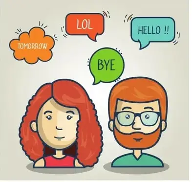 Ilustración de una chica y un chico jóvenes con burbujas de diálogo que dicen 'LOL', 'HELLO!!', 'TOMORROW' y 'BYE', representando la comunicación hablada y por mensajes.