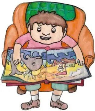 Ilustración de un niño sentado en un sillón leyendo un libro álbum abierto con imágenes. Crédito: Alberto Martínez Martínez, Estado de México.