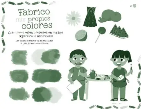 Ilustración del recurso 'Fabrico mis propios colores': dos niños pintando frente a muestras de colores mezclados, con objetos (sombrilla, sandía, árbol) que ejemplifican colores del entorno.