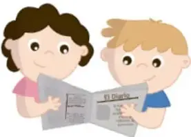Ilustración de dos niños leyendo un periódico.