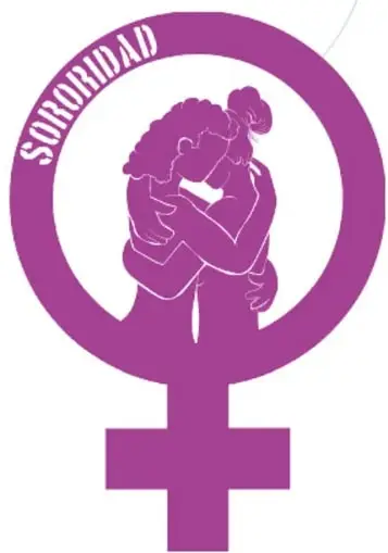 Símbolo circular morado con la palabra SORORIDAD en su borde, la imagen de dos mujeres abrazándose en el centro y el símbolo de Venus (♀) debajo.
