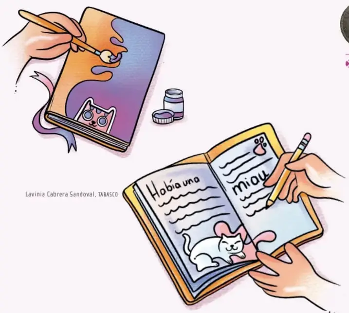 Ilustración de dos manos sosteniendo un libro cartonero abierto donde se escribe 'Había una... miau' con un dibujo de un gato.