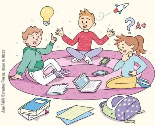 Ilustración de tres estudiantes sentados en círculo con laptops, libros y una bombilla de ideas; uno tiene símbolo de interrogación y A+.