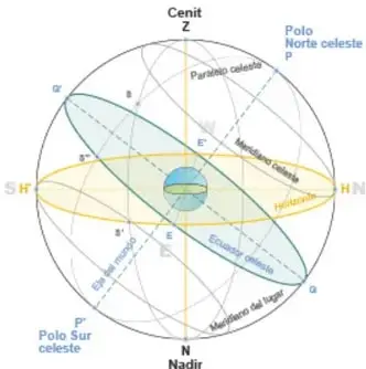 Esquema de la esfera celeste con el observador al centro; se etiquetan Cenit (Z), Nadir (N), Polo Norte celeste (P), Polo Sur celeste (P'), horizonte, ecuador celeste, meridiano celeste y línea del ecuador.