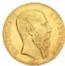Moneda de oro Maximiliano, Veinte Pesos, México 1866, anverso con perfil, diámetro 35 mm.