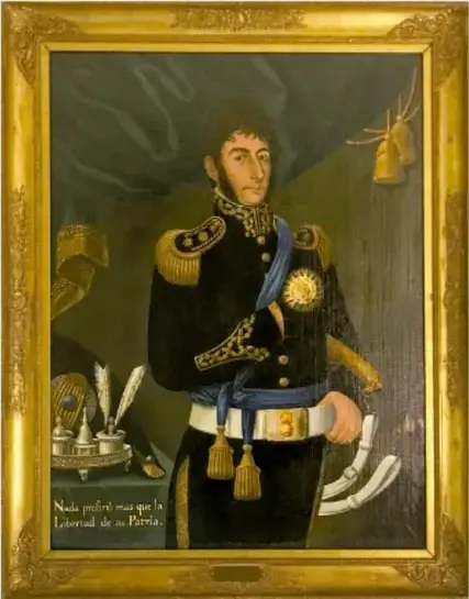 Retrato de un militar con uniforme de gala, probablemente José de San Martín, con la inscripción 'Nada prefirió más que la libertad de la Patria'.