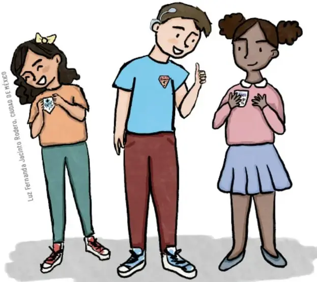 Ilustración de tres estudiantes de primaria sosteniendo gafetes familiares; una niña y un niño conversan y una niña observa su gafete. Crédito: Luz Fernanda Jacinto Rodea, Ciudad de México.