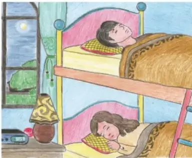 Ilustración de dos niños durmiendo en camas literas, una ventana con la luna visible.
