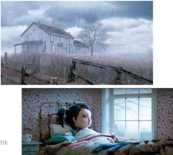Fotograma en animación: una casa antigua entre campos y un árbol desnudo bajo un cielo de lluvia.