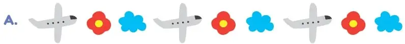 Tres filas de figuras: A) aviones, flores y nubes; B) soles y lunas; C) tomate, paltas, ají y berenjena.