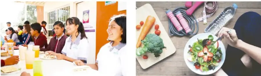 Fotografía de estudiantes de telesecundaria participando en un encuentro estudiantil alrededor de una mesa con alimentos y bebidas.