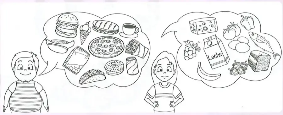 Ilustraciones de alimentos: pollo, dona, naranja, pescado, huevo, gaseosa, pan, salchichas, papas fritas y manzana.