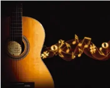 Guitarra con notas musicales flotando, ilustrando la producción de sonido.