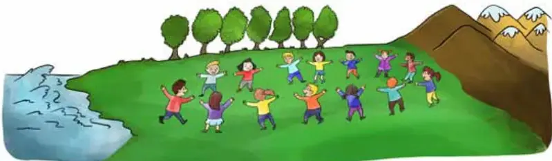 Ilustración de niños y niñas tomados de las manos formando una ronda sobre un prado verde, junto al mar, árboles y montañas nevadas.