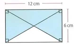 Rectángulo de 12 cm por 6 cm con sus diagonales; tres de los cuatro triángulos formados están sombreados.