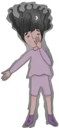 Ilustración de una niña con el cabello revuelto tapándose la boca, con aspecto triste o preocupado; ilustración de Tania Villanueva López, Puebla.