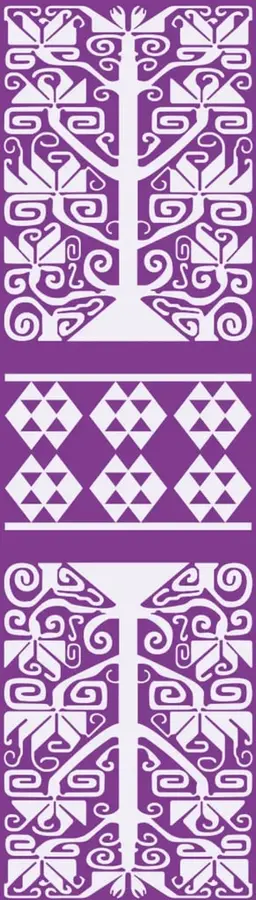 Patrón decorativo con motivos geométricos y vegetales en blanco sobre fondo morado.
