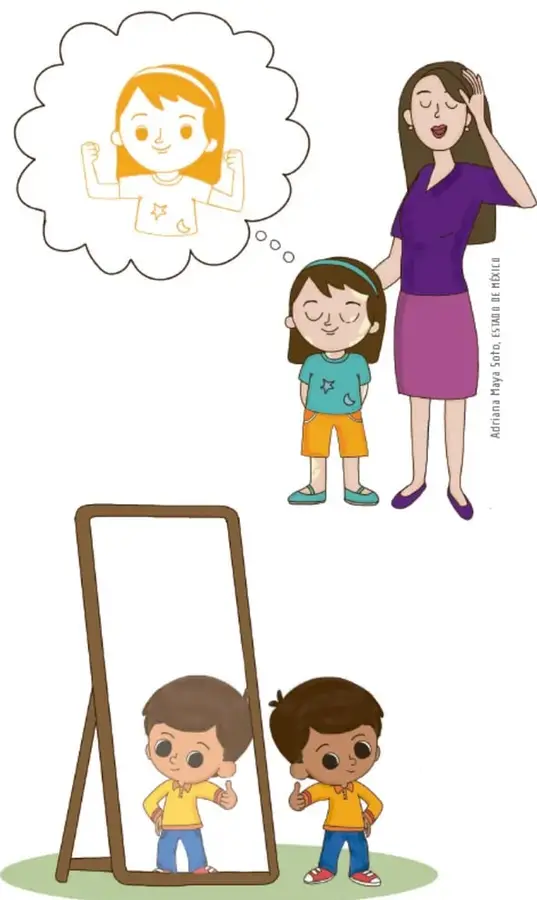 Una madre y una niña sonríen; la niña piensa en su propia imagen dentro de una nube, representando mirarse al espejo y reconocer sus valores. Ilustración de Adriana Maya Soto, Estado de México.