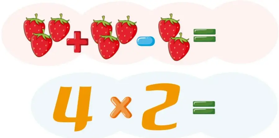 Ilustración de fresas: primer grupo de 3, segundo grupo de 4, tercero de 2, con signos + y − y el signo igual, formando 3 + 4 − 2 = 5.