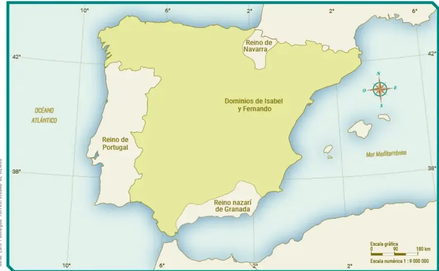 Mapa histórico de la península ibérica titulado 'Unificación de la región'. Muestra en amarillo los dominios de Isabel y Fernando, y en color claro el Reino de Portugal, el Reino de Navarra y el Reino nazarí de Granada. Incluye océano Atlántico, mar Mediterráneo, coordenadas, rosa de los vientos y escalas gráfica y numérica.