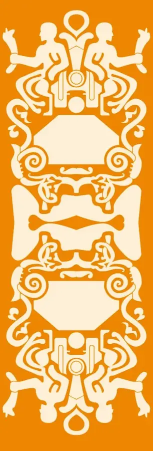 Franja vertical de color naranja con una ilustración simétrica estilo prehispánico: figuras humanas estilizadas en crema, con brazos levantados y elementos ornamentales de espirales, en la parte superior e inferior.
