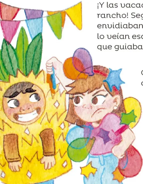 Dos niños disfrazados: uno con traje de piña amarillo y otra con globos de colores y estrellas, con expresión de sorpresa.