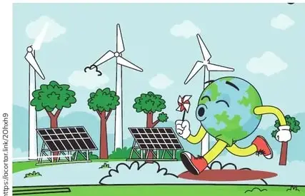 Tierra antropomorfa caminando junto a turbinas eólicas y paneles solares.