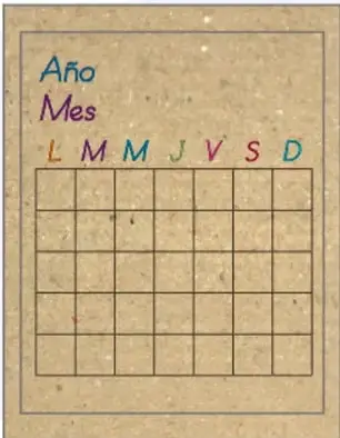 Calendario casi terminado: encabezado 'Año' y 'Mes', iniciales L M M J V S D en colores y cuadrícula repasada con marcador negro.