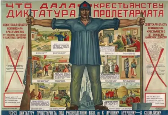 Cartel de propaganda soviética con la frase '¡Qué da la dictadura del proletariado al campesinado!' y escenas de la vida campesina.