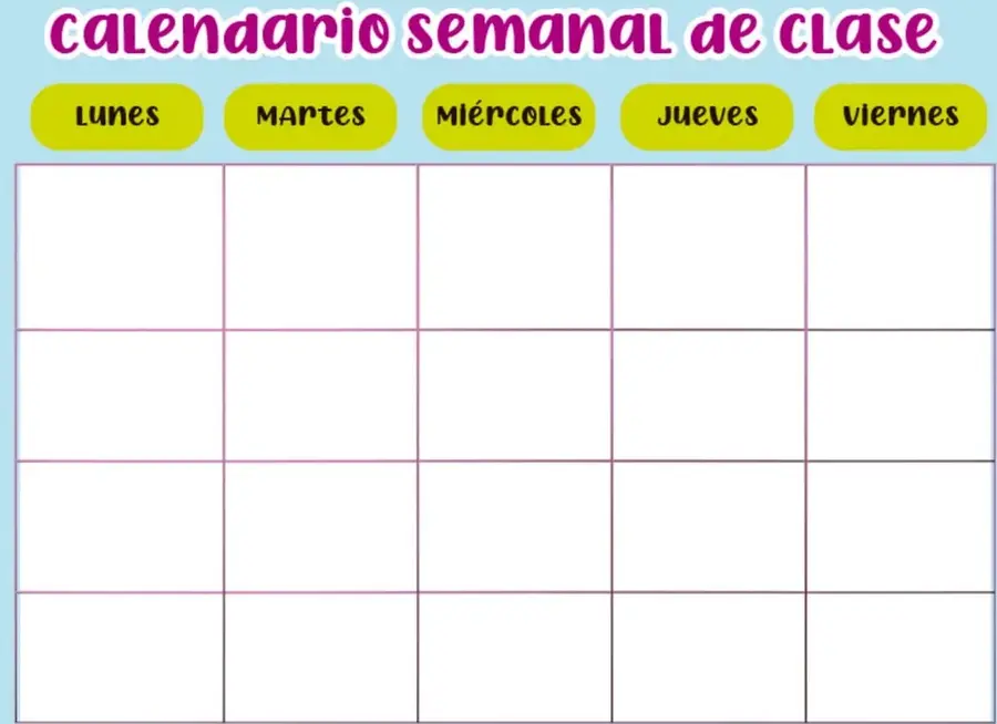 Formato de calendario semanal de clase con columnas para lunes, martes, miércoles, jueves y viernes, y cuatro filas vacías para escribir actividades.