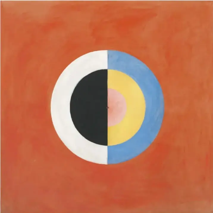 Reproducción de El cisne, núm. 17, 1920, de Hilma af Klint. Composición circular sobre fondo naranja con un cisne estilizado en blanco, negro, azul, amarillo y rosa.