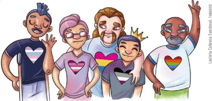 Cinco personas diversas sonriendo (una con muletas, un adulto mayor, una niña con corona de papel) con corazones de colores en las playeras, símbolo de diversidad.