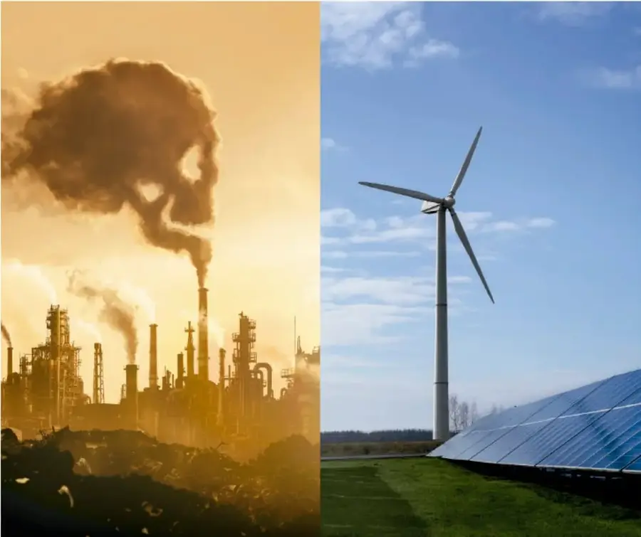 Chimeneas de una refinería o planta emitiendo grandes nubes de humo, simbolizando la contaminación por combustibles fósiles.