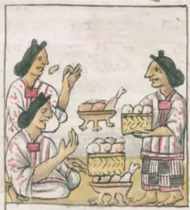 Lámina del Códice Florentino: personas prehispánicas sentadas alrededor de canastas con panes y alimentos, preparando el chilmolli.