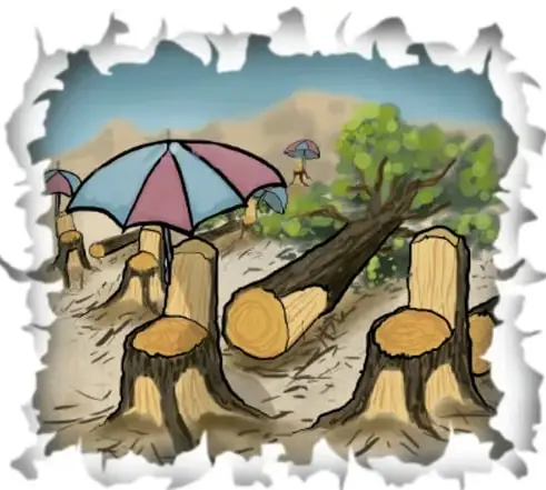 Ilustración de Omar Torres Jaquez (Chihuahua): paisaje con troncos talados, una mesa con sombrillas y árboles, dentro de un marco de papel rasgado.