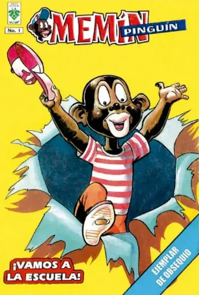 Portada colorida de la historieta Memín Pinguín núm. 1: un niño afrodescendiente con camiseta a rayas rompe un fondo azul, con el texto '¡Vamos a la escuela!' y la banda 'Ejemplar de obsequio'.