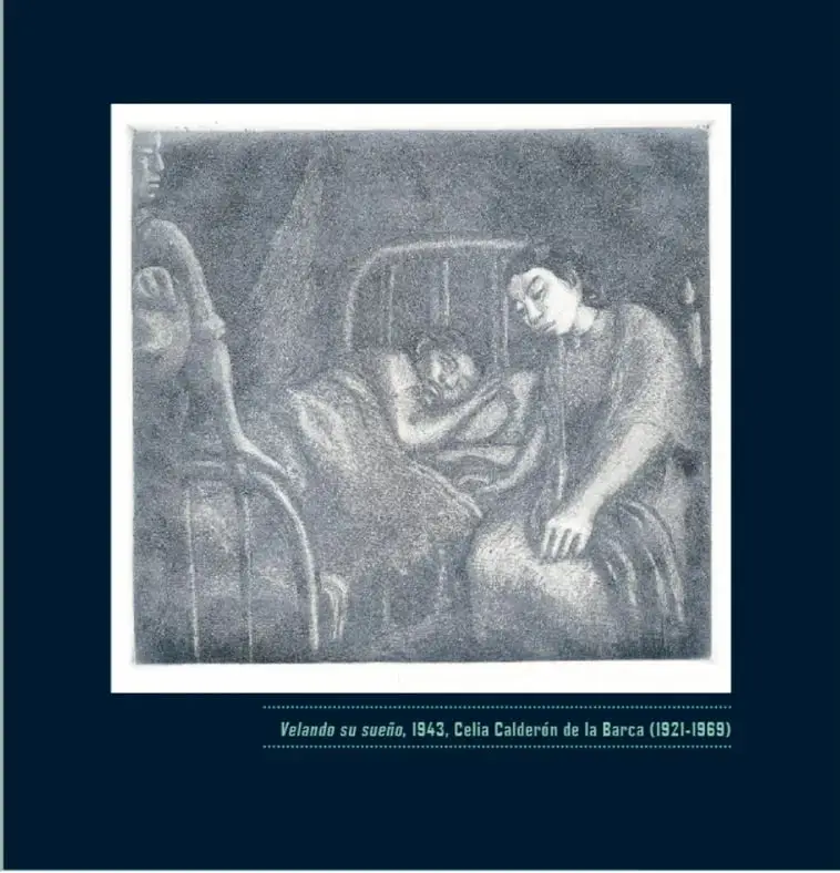 Reproducción en blanco y negro de la obra Velando su sueño (1943) de Celia Calderón de la Barca. Muestra a una mujer sentada junto a una cama, velando el sueño de un niño. La escena es íntima y doméstica, con un tratamiento de claroscuro.