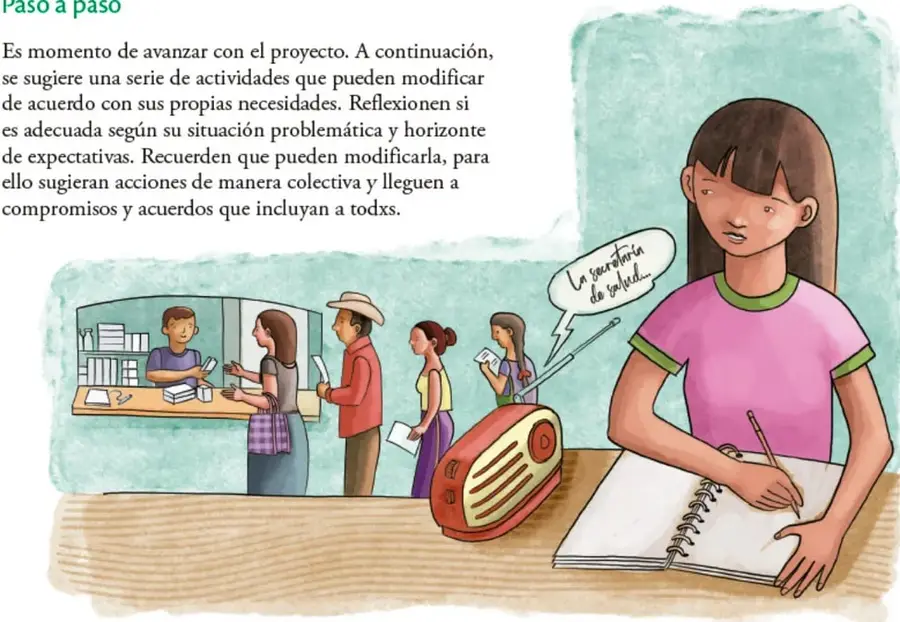 Ilustración de una estudiante escribiendo en un cuaderno, con un globo de diálogo que dice 'La secretaría de salud...'; al fondo se observa una fila de personas en una ventanilla atendida por un empleado, junto a una radio. Crédito: Ricardo Rodolfo Figueroa Cisneros, Ciudad de México.