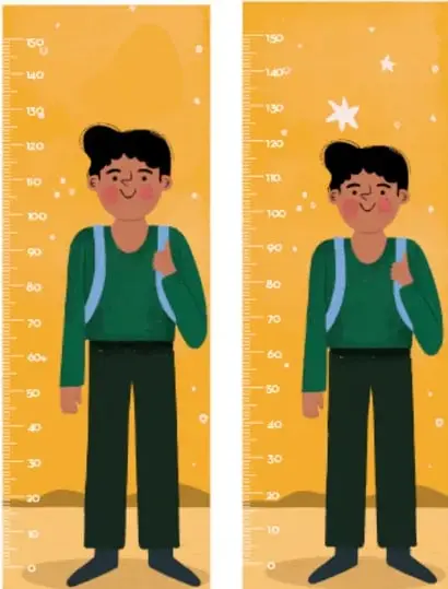 Ilustración de dos niños midiéndose contra una regla de estatura. El niño de la izquierda mide 145 cm y el de la derecha 150 cm, mostrando el aumento de estatura.