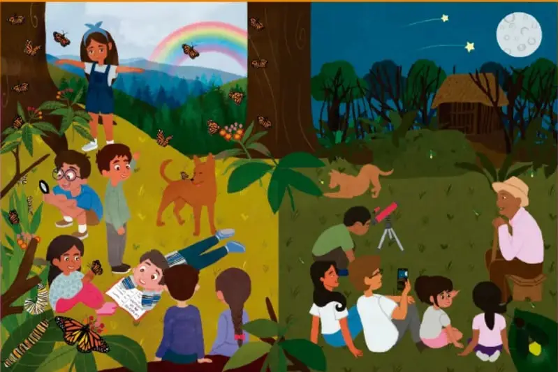 Ilustración dividida en dos escenas: a la izquierda, un grupo de niños y niñas observa mariposas y una catarata con un arcoíris; a la derecha, de noche, niños y niñas observan el cielo con un telescopio junto a un anciano y una choza.