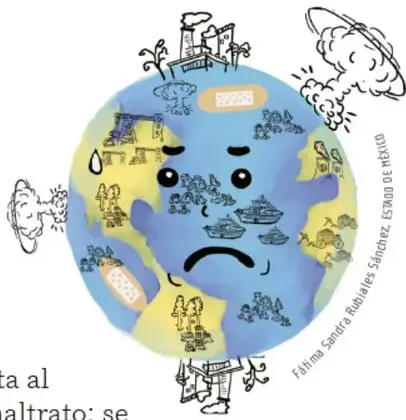 Dibujo infantil de la Tierra con cara triste rodeada de fábricas con humo, botes de basura, un auto y seres humanos, representando el planeta afectado por las acciones humanas. Obra de Fátima Sandra Rubiales Sánchez, Estado de México.
